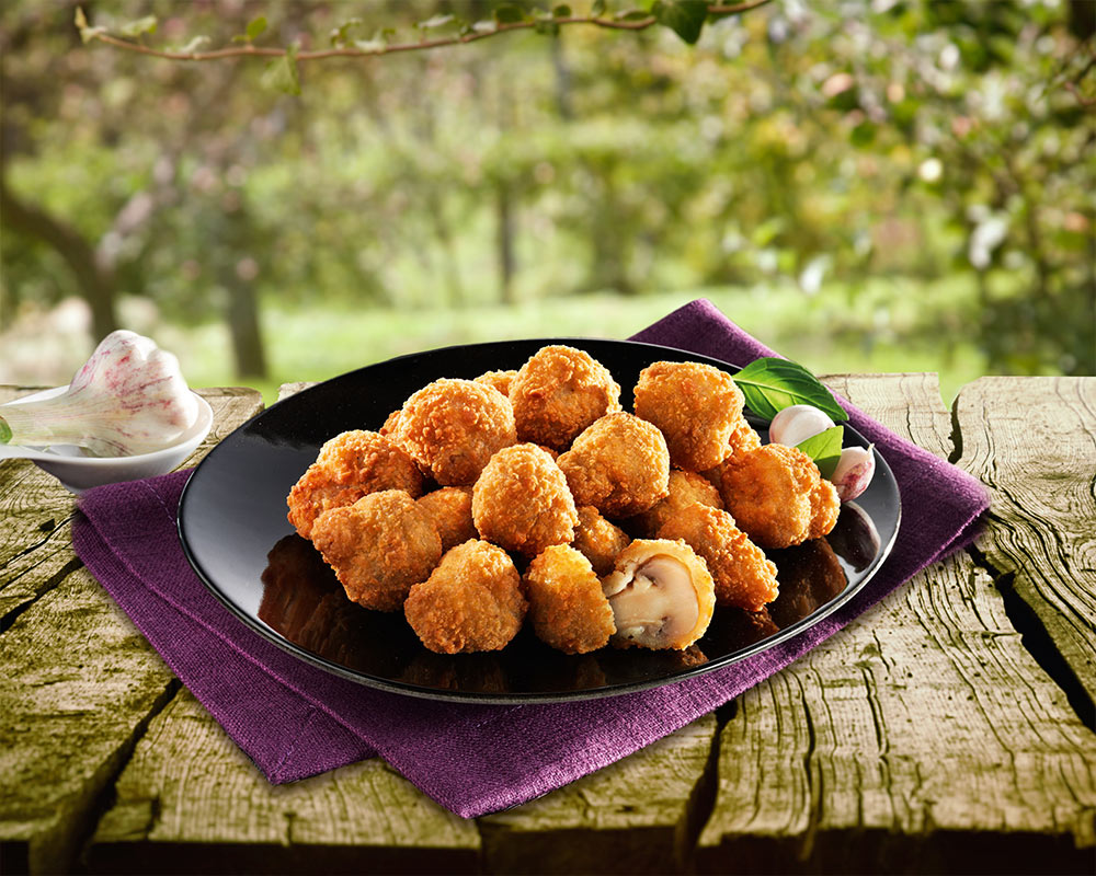 Mushrooms, breaded pre-cooked, quick frozen.