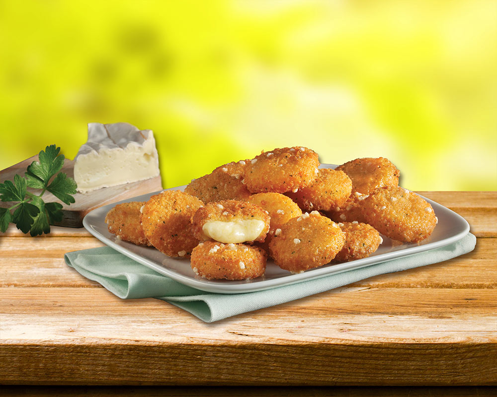 Soft flavoured camembert cheese, crispy coated.