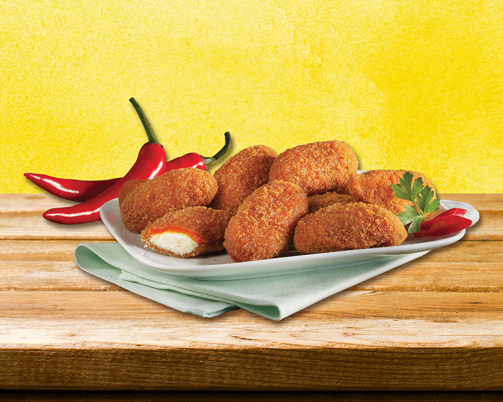 Crispy coated, spicy red Jalapeño filled with soft cheese.