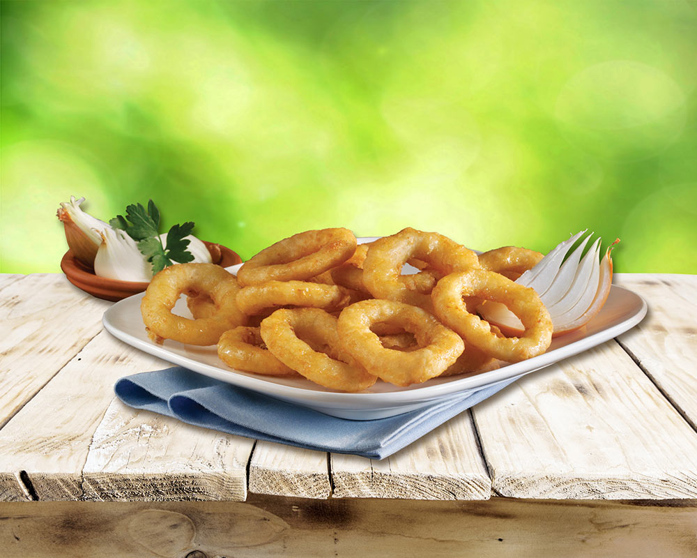 Formed Onion Rings made from small pieces of onion battered with a crispy bite.