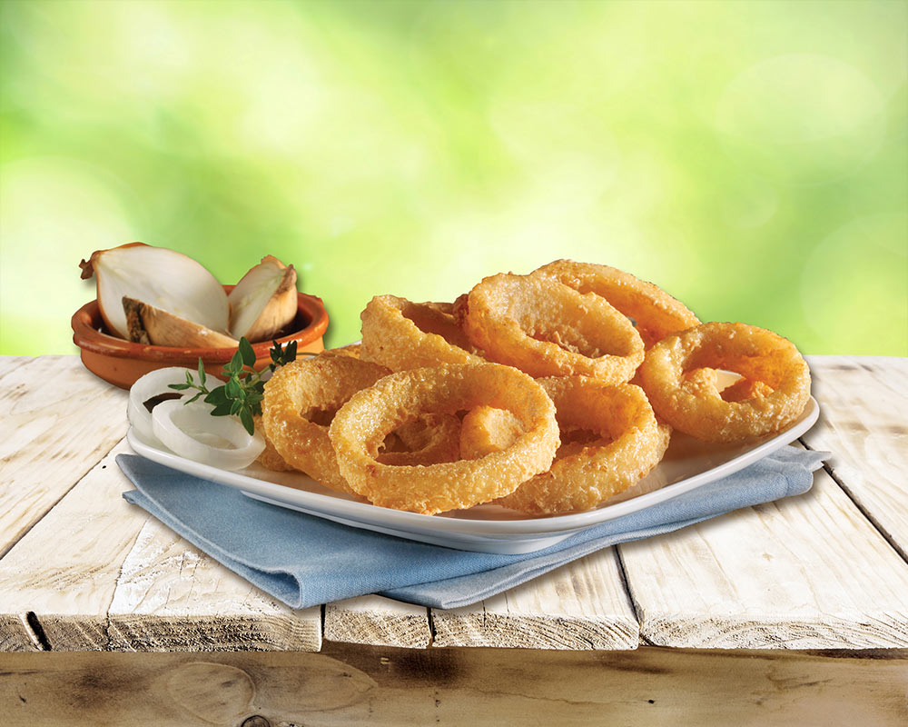 Sliced onion rings, battered, with a crispy bite.