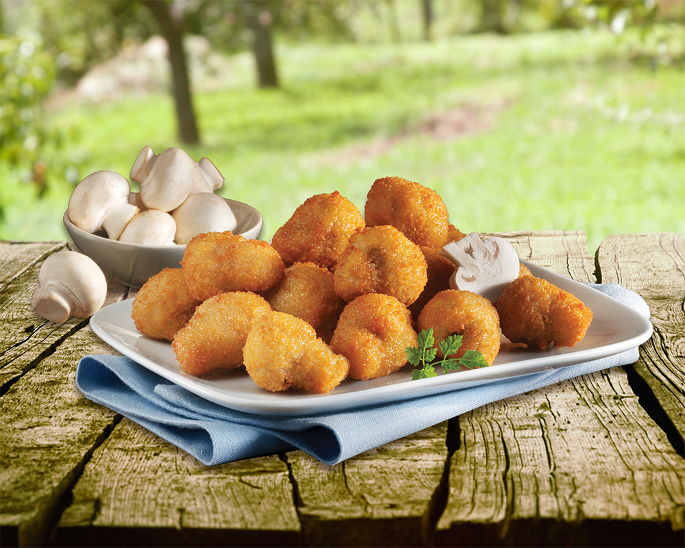 Mushrooms, breaded pre-cooked, quick frozen.