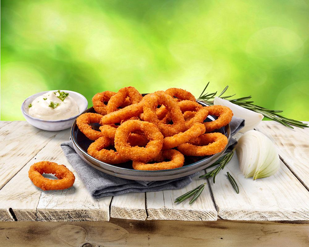 Formed mini onion rings of finely chopped fresh onion, with a crispy breaded coating.